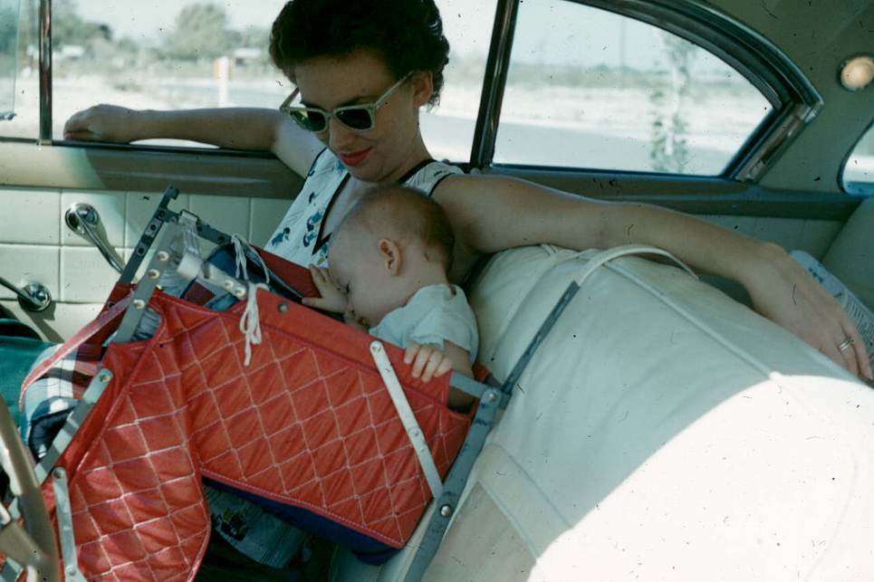 Mom with Peg in her new-fangled carseat (before Ralph Nader)