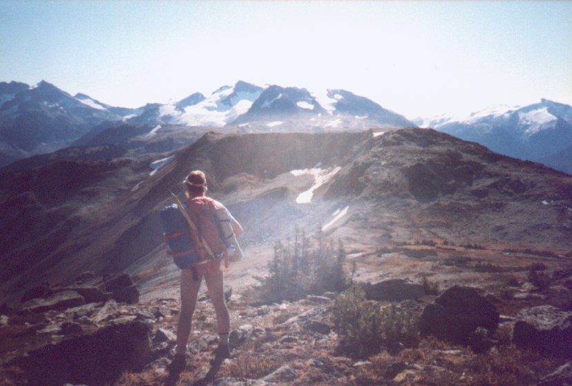 Backpacking up at 12 thousand feet, near Whistler Mountain, in British Columbia