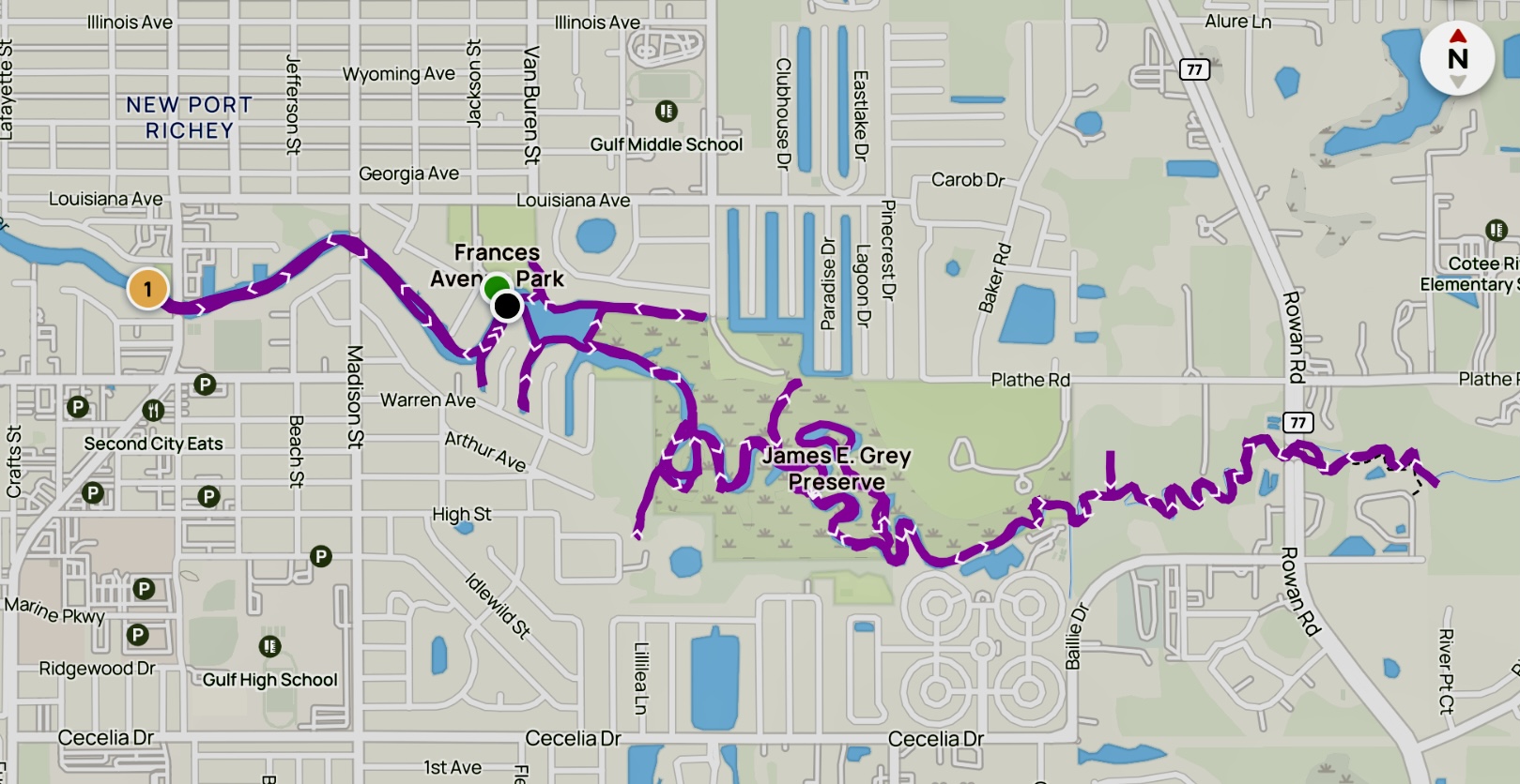 A street-map view of the paddle route through New Port Richey and the preserve.