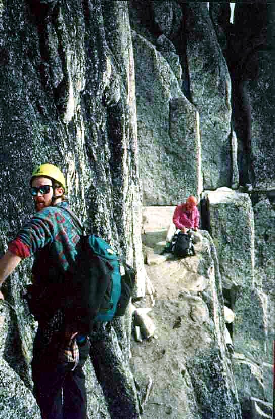 Climbers among granite spires and glaciers in the Bugaboos.