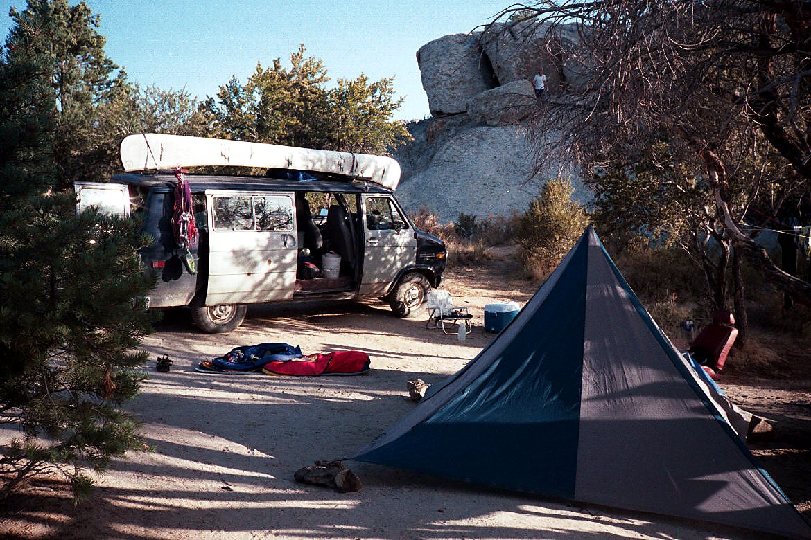 A campsite among the granite formations at City of Rocks.