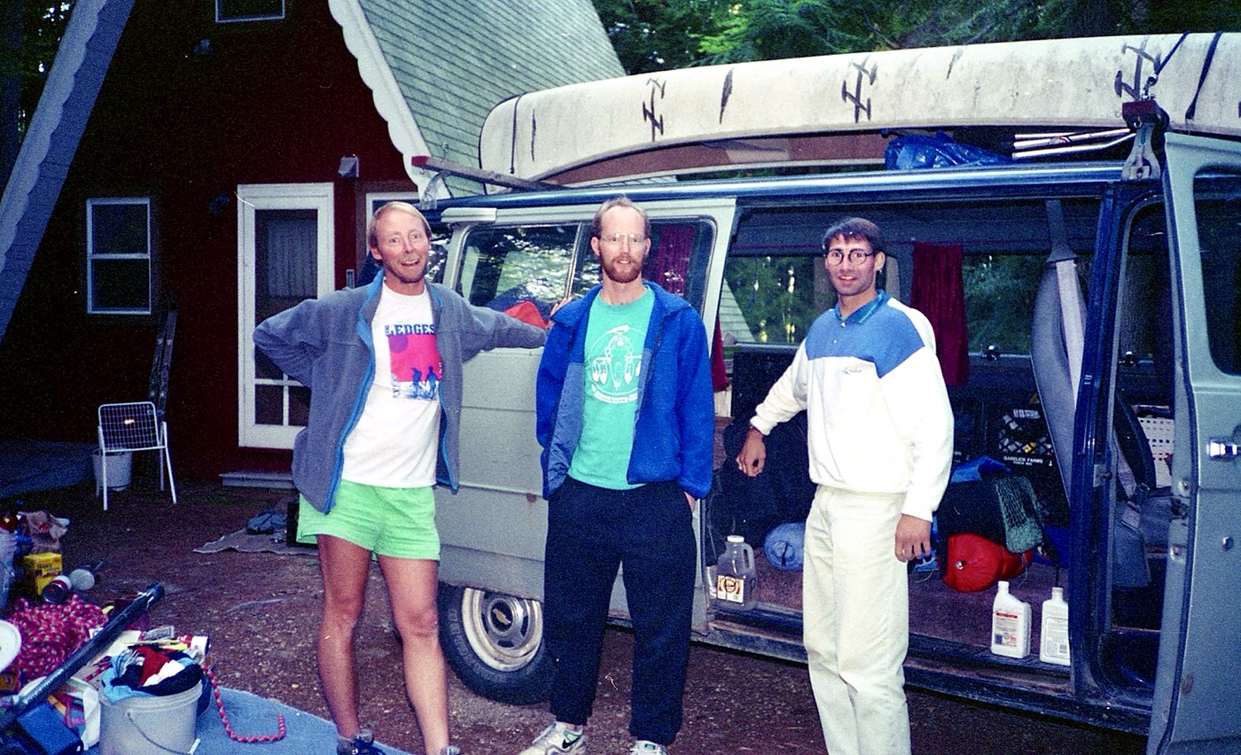 Tim, Ricky, and an Italian traveler beside the van at the end of the 1992 trip.