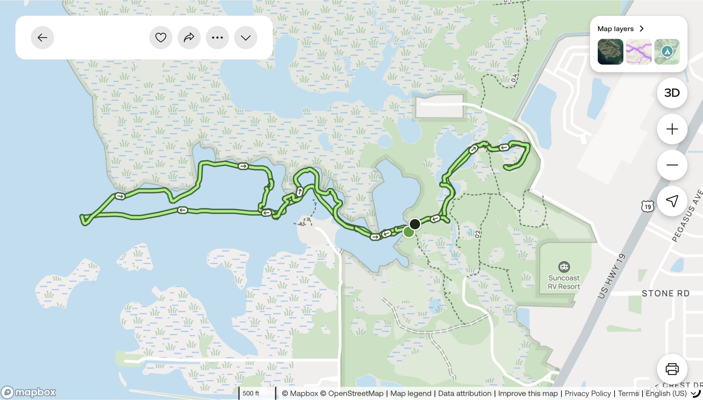 Map of Tim's kayak route through Werner-Boyce Salt Springs State Park and the coastal marsh