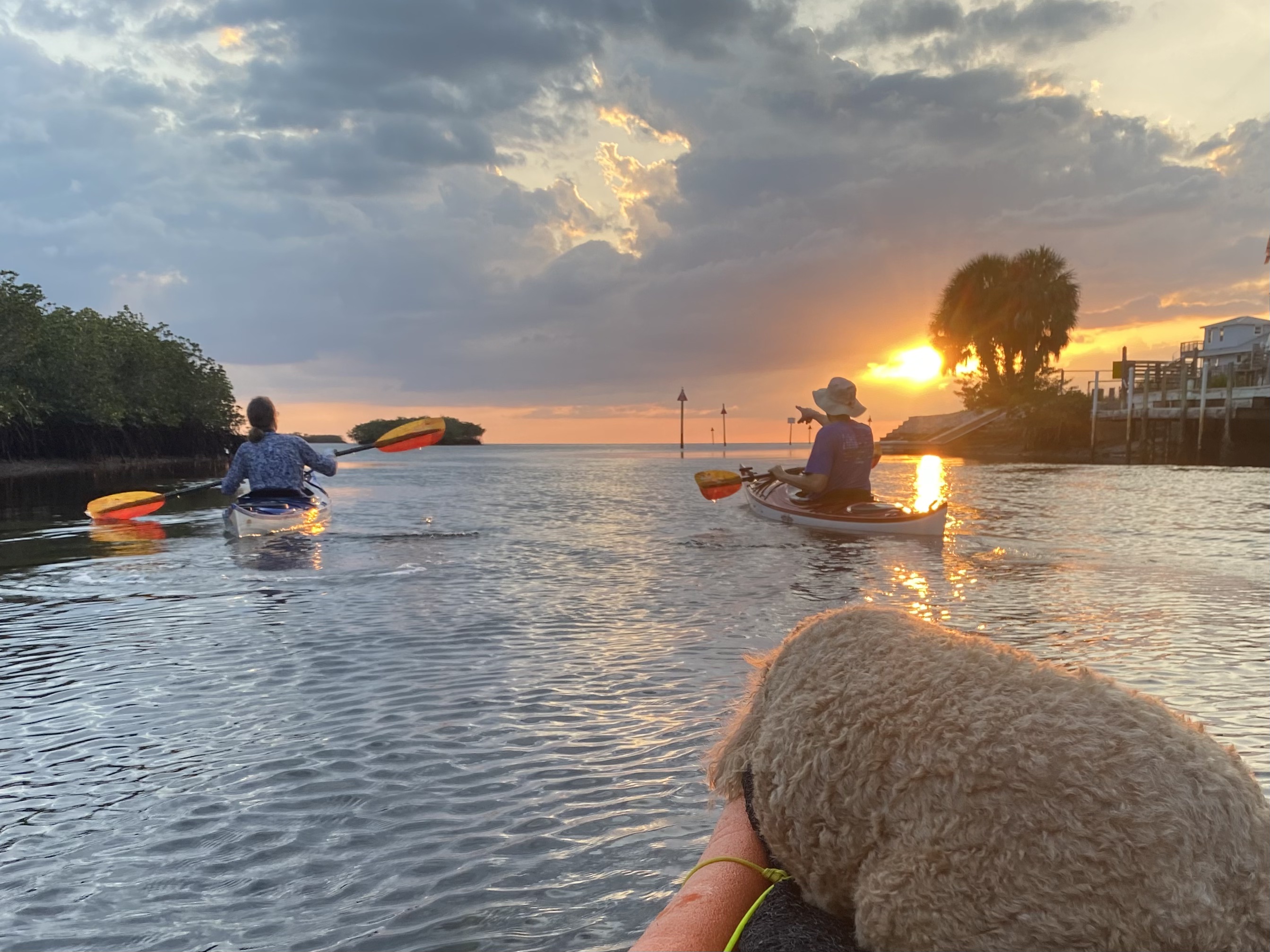 Kayakers approaching Aripeka Harbor at sunset