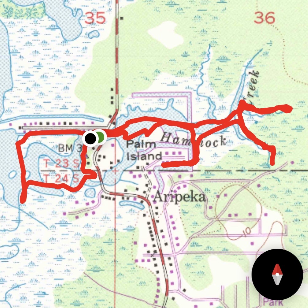 Route map of the April 15, 2022 kayak trip through Aripeka Harbor and Hammock Creek