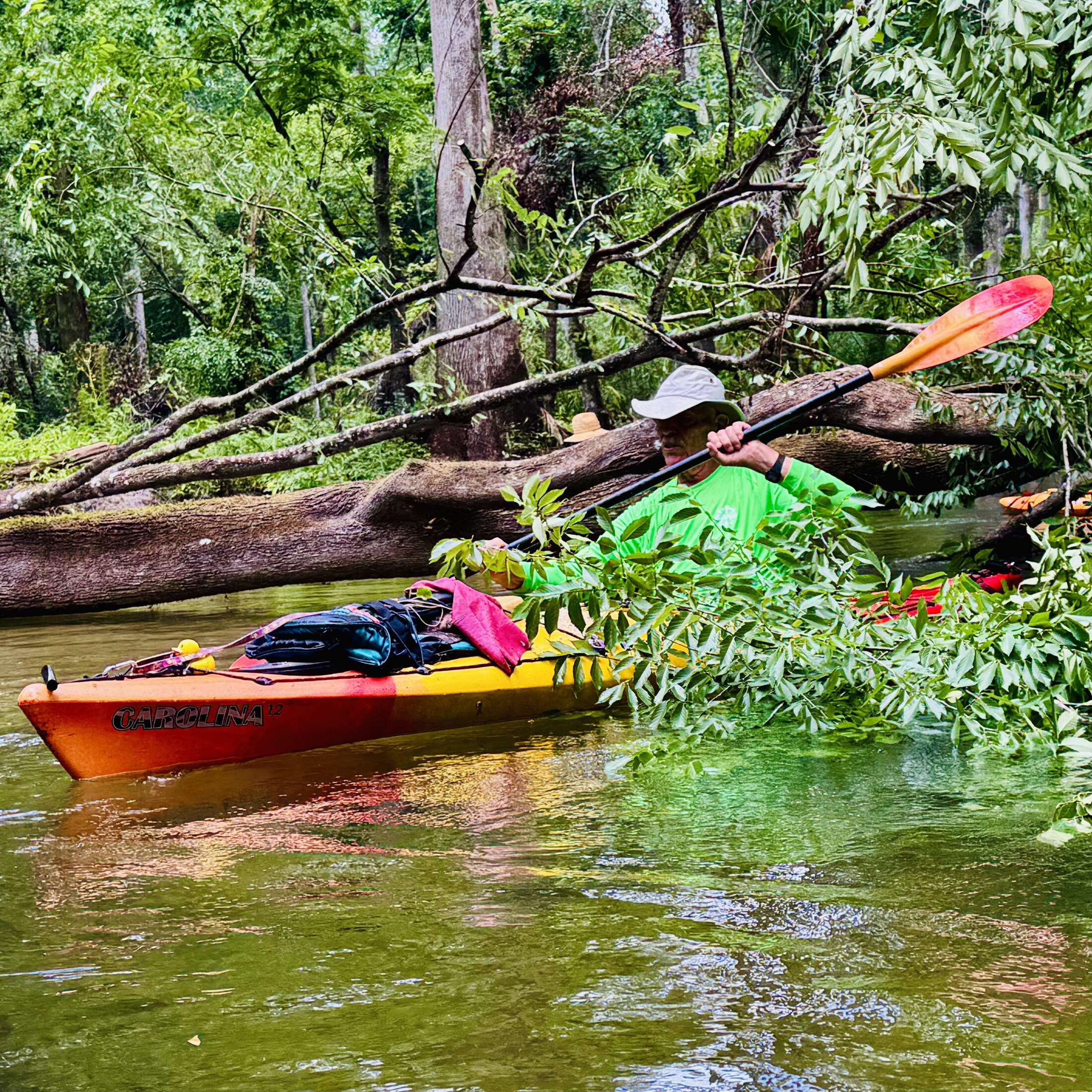 Gary working beneath a low tree blockage from his kayak