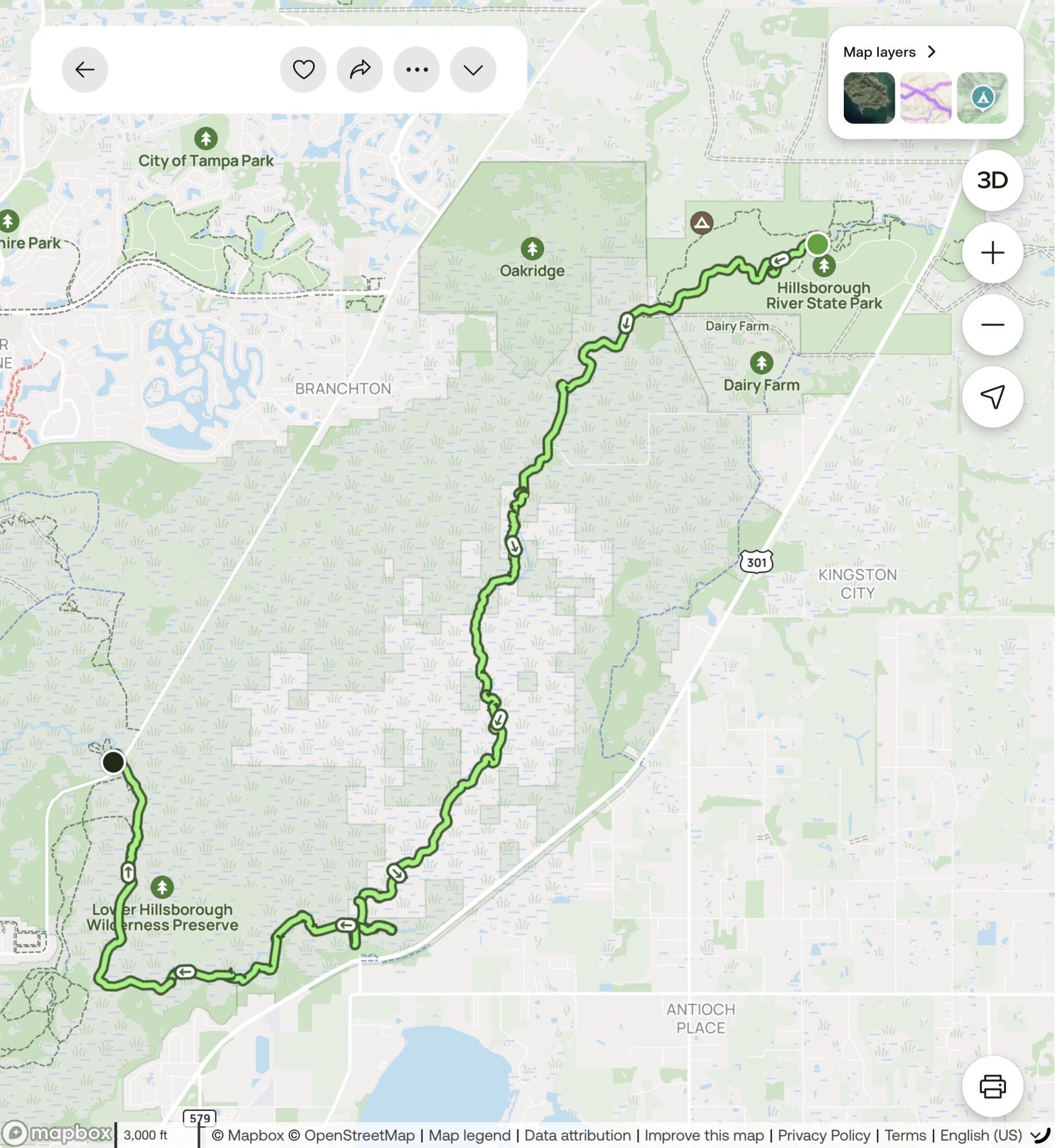 Map of the approximately 17-mile route to Morris Bridge