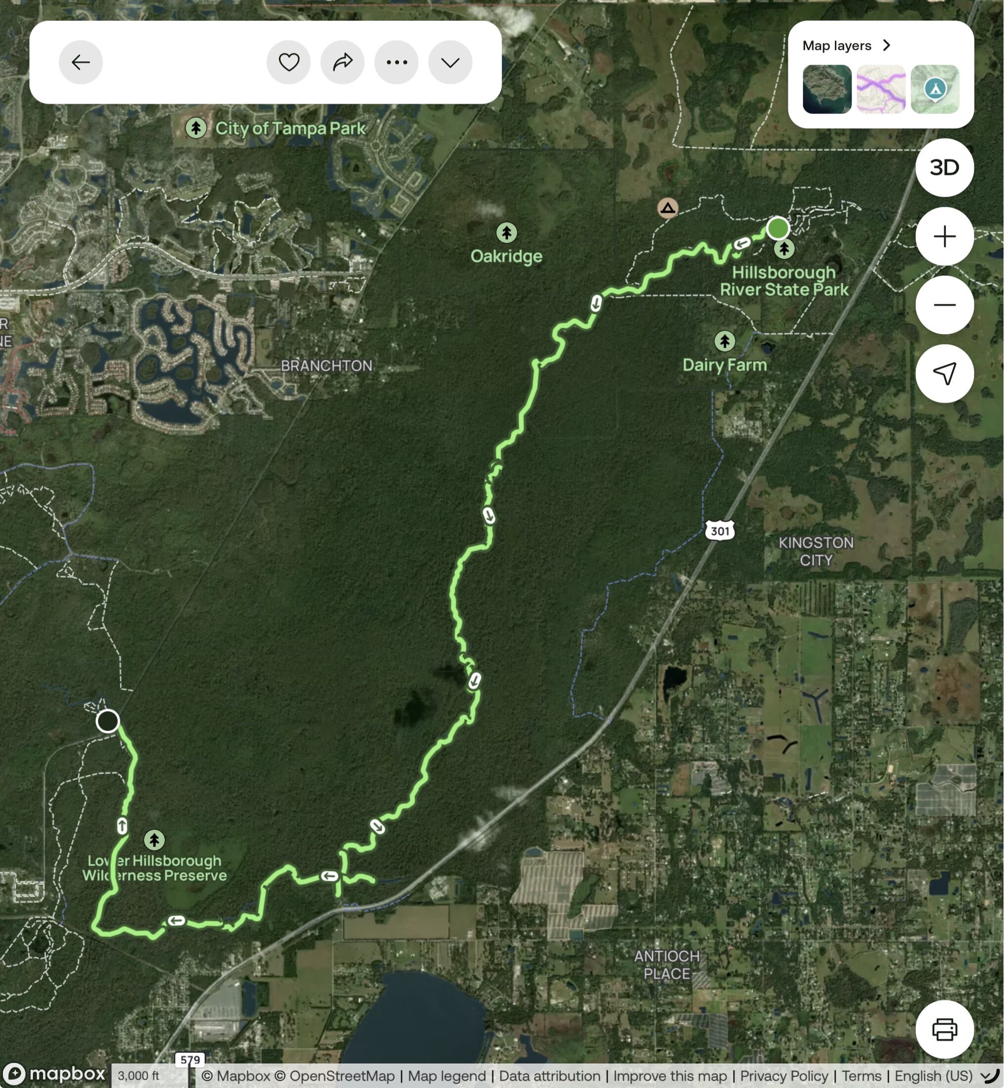 Satellite map of the approximately 17-mile Hillsborough River route