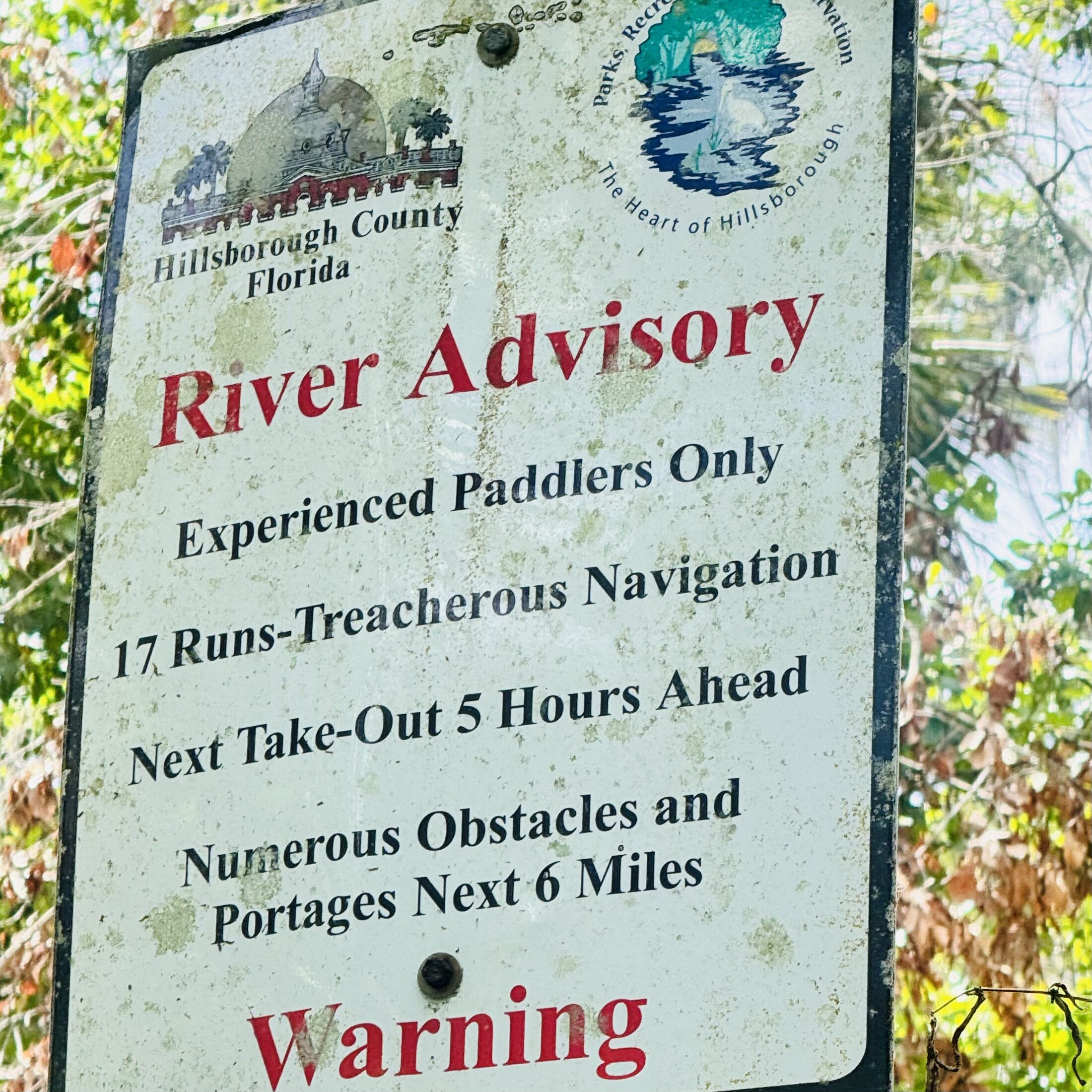River advisory warning for experienced paddlers at Seventeen Runs