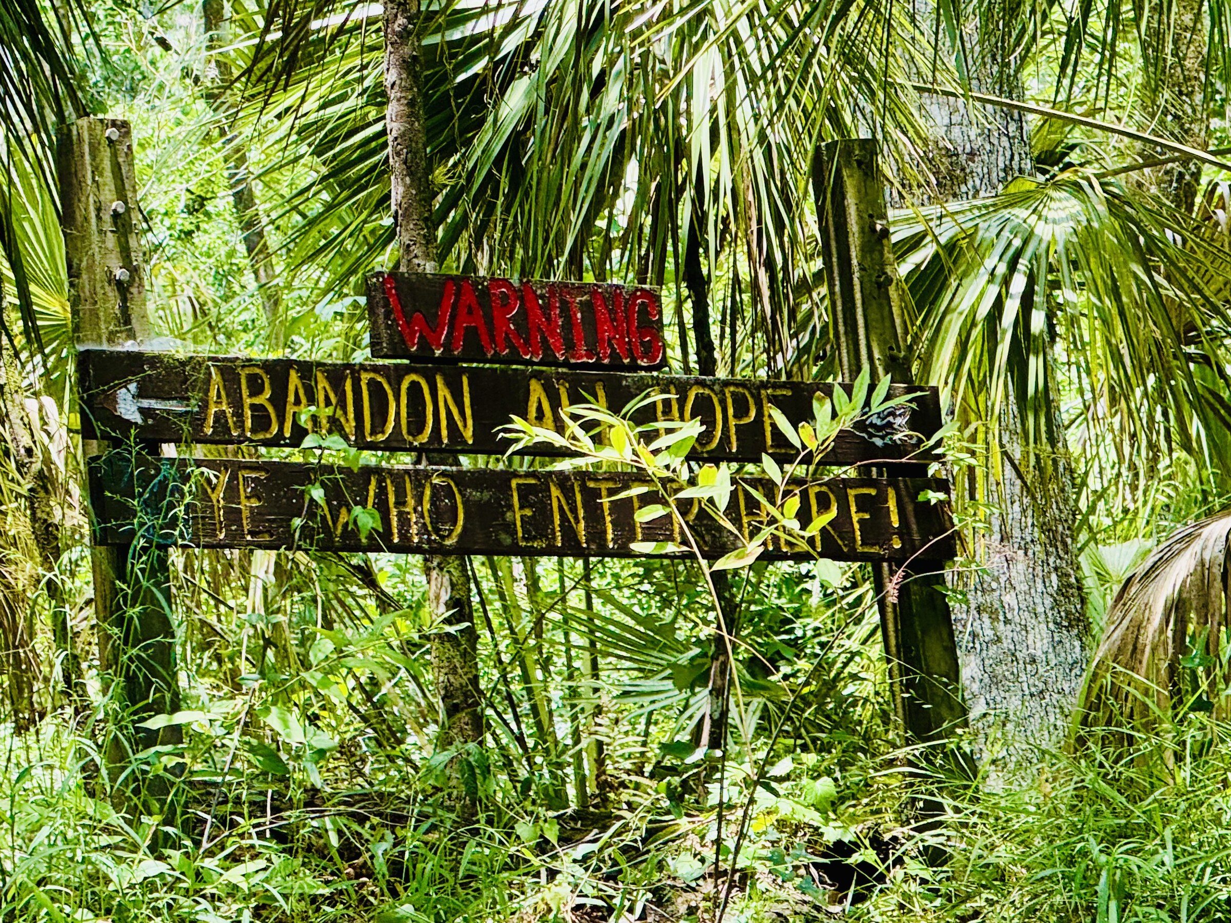 Hand-painted abandoned property warning sign in the woods