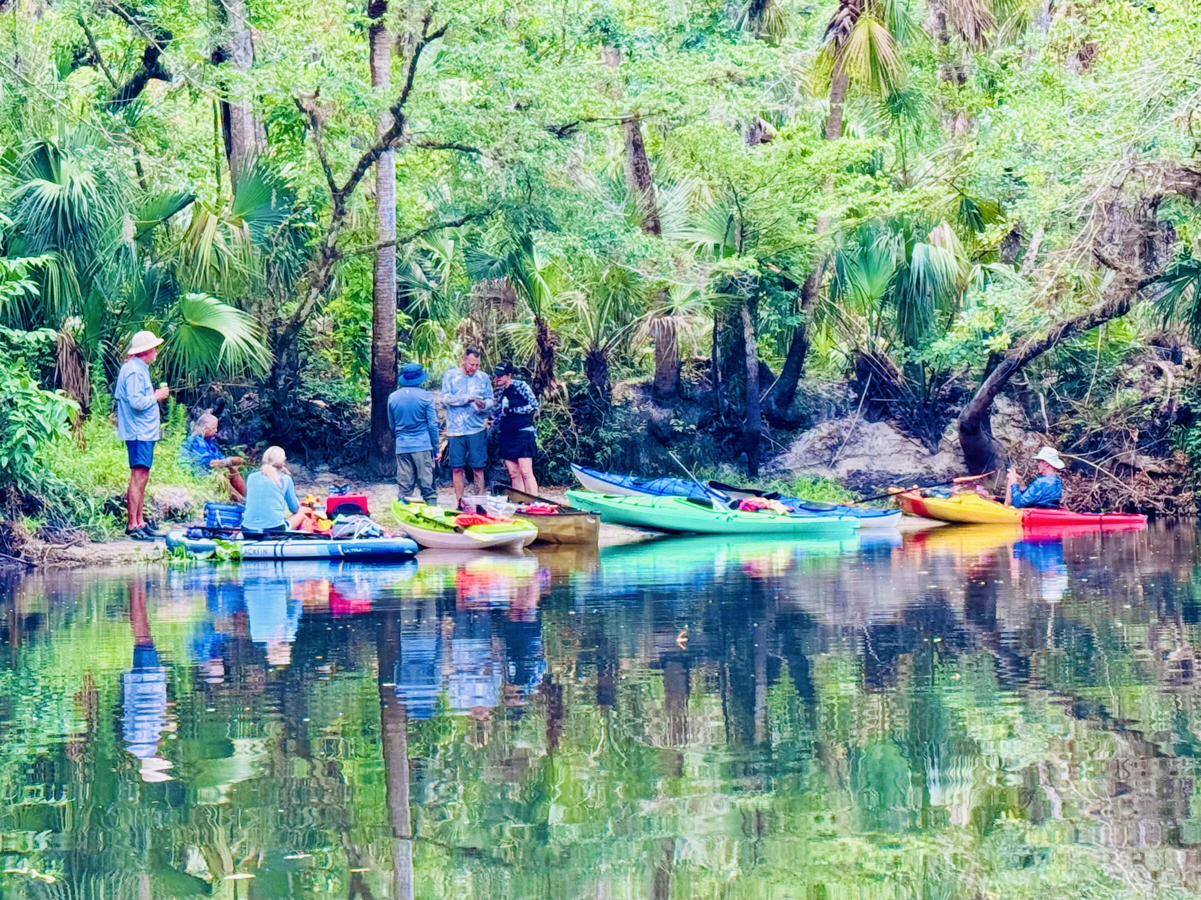 Group of kayakers reflected in still water beside a sandy bank