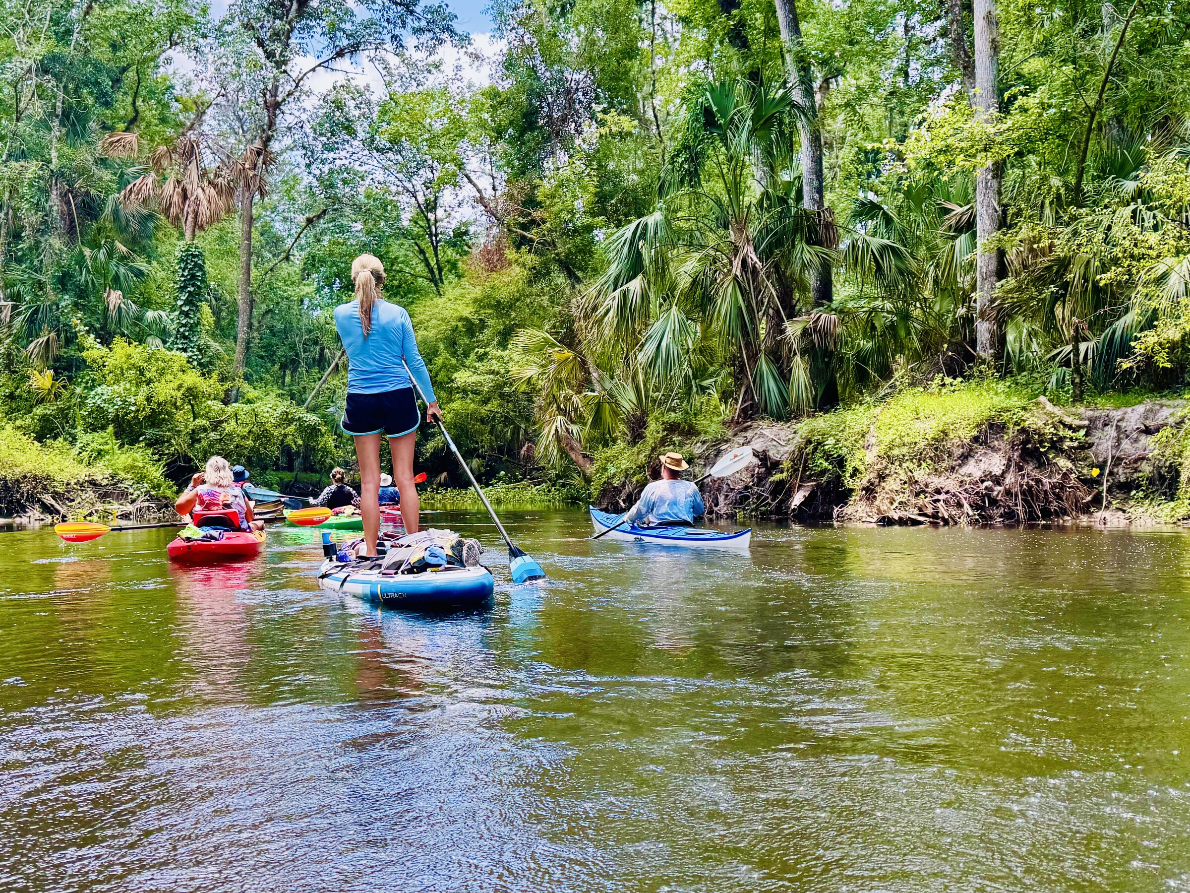 Standing paddler leading kayakers through a wooded reach