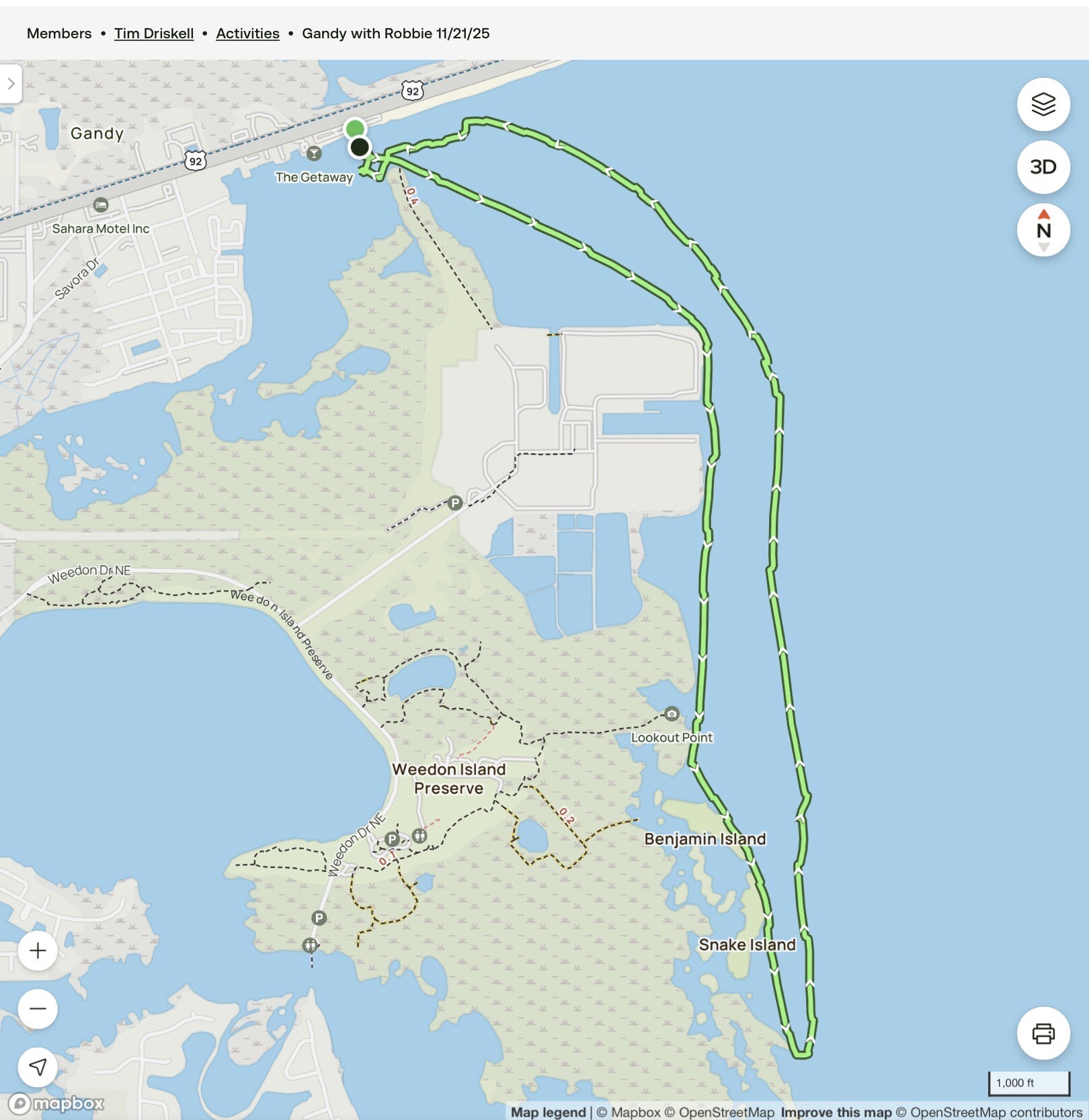 Map of the paddle route from Gandy Beach