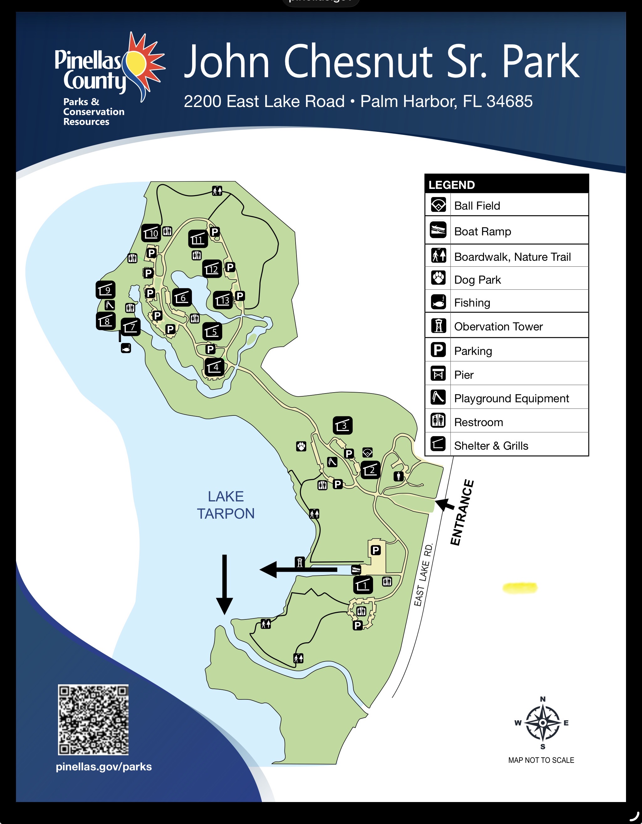 Pinellas County map of John Chestnut Sr. Park on Lake Tarpon, showing the park entrance, roads, parking, boat ramp, trails and shoreline.