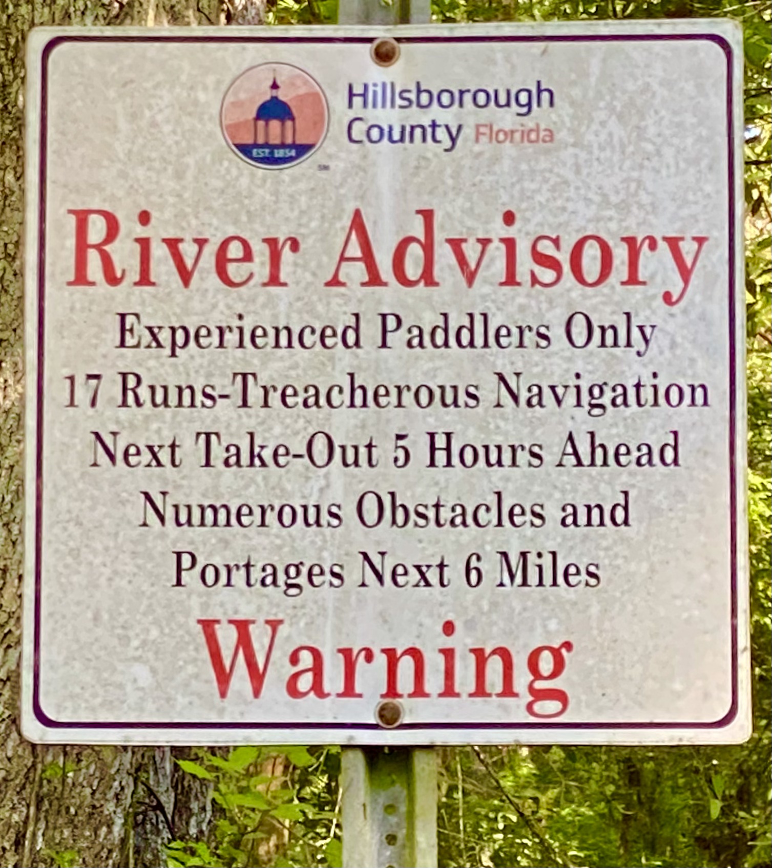 River advisory sign warning about the Seventeen Runs section
