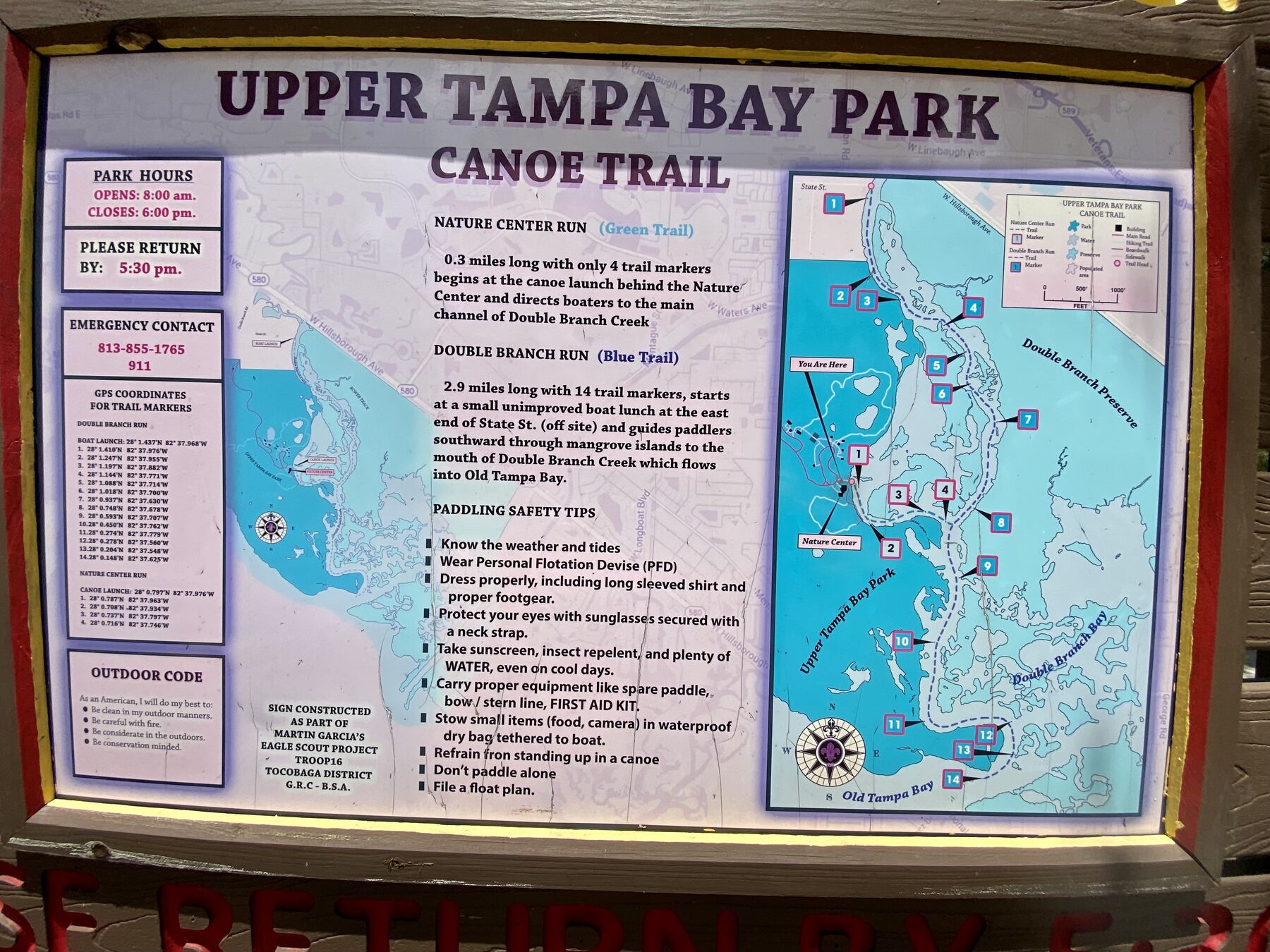 Upper Tampa Bay Park canoe trail information board