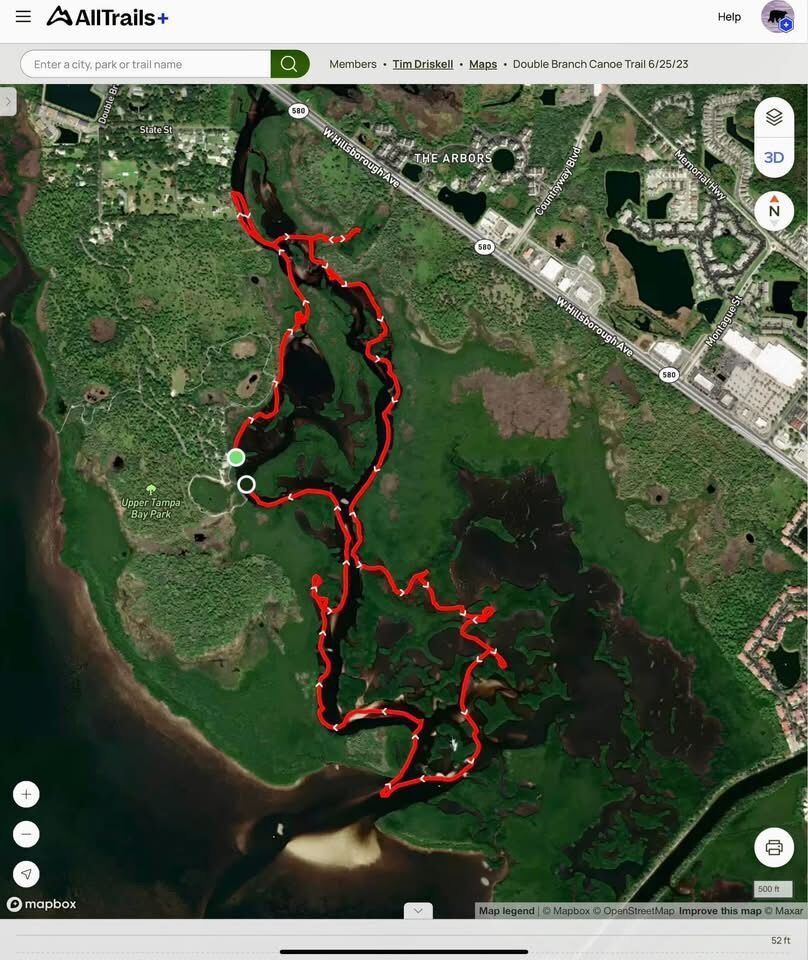 Recorded GPS route for the Upper Tampa Bay paddle