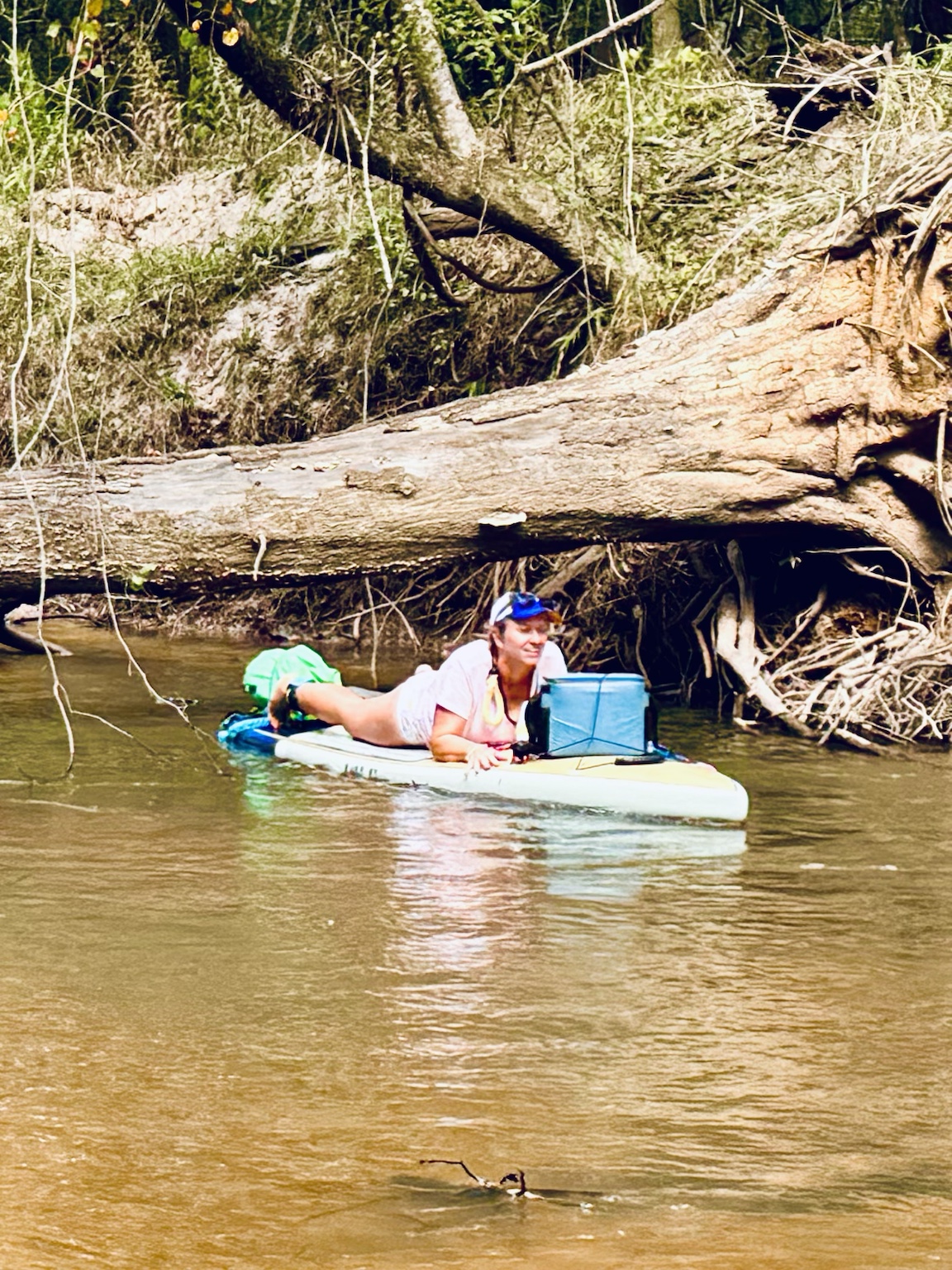 A paddler ducking beneath a massive fallen trunk
