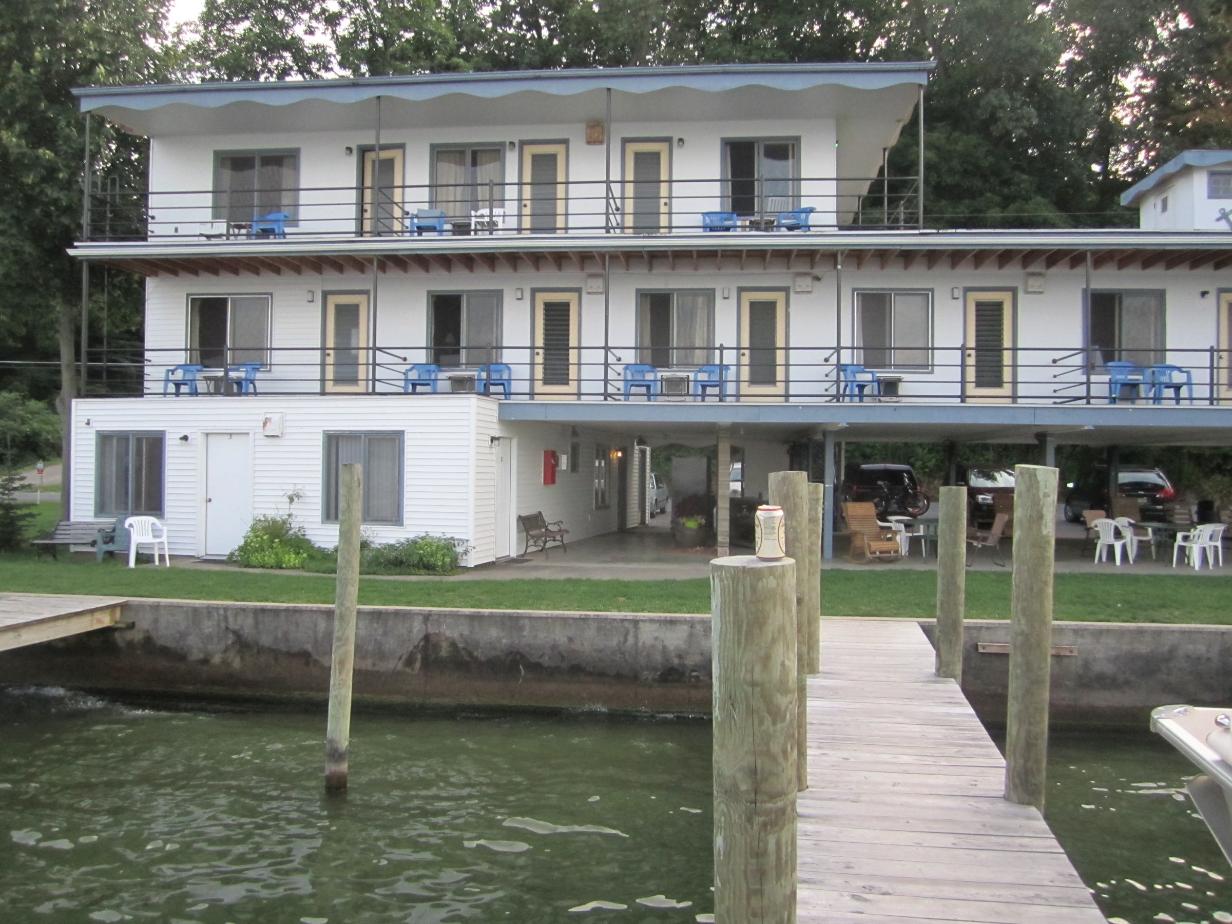 The Showboat Motel waterfront and docks on Seneca Lake.