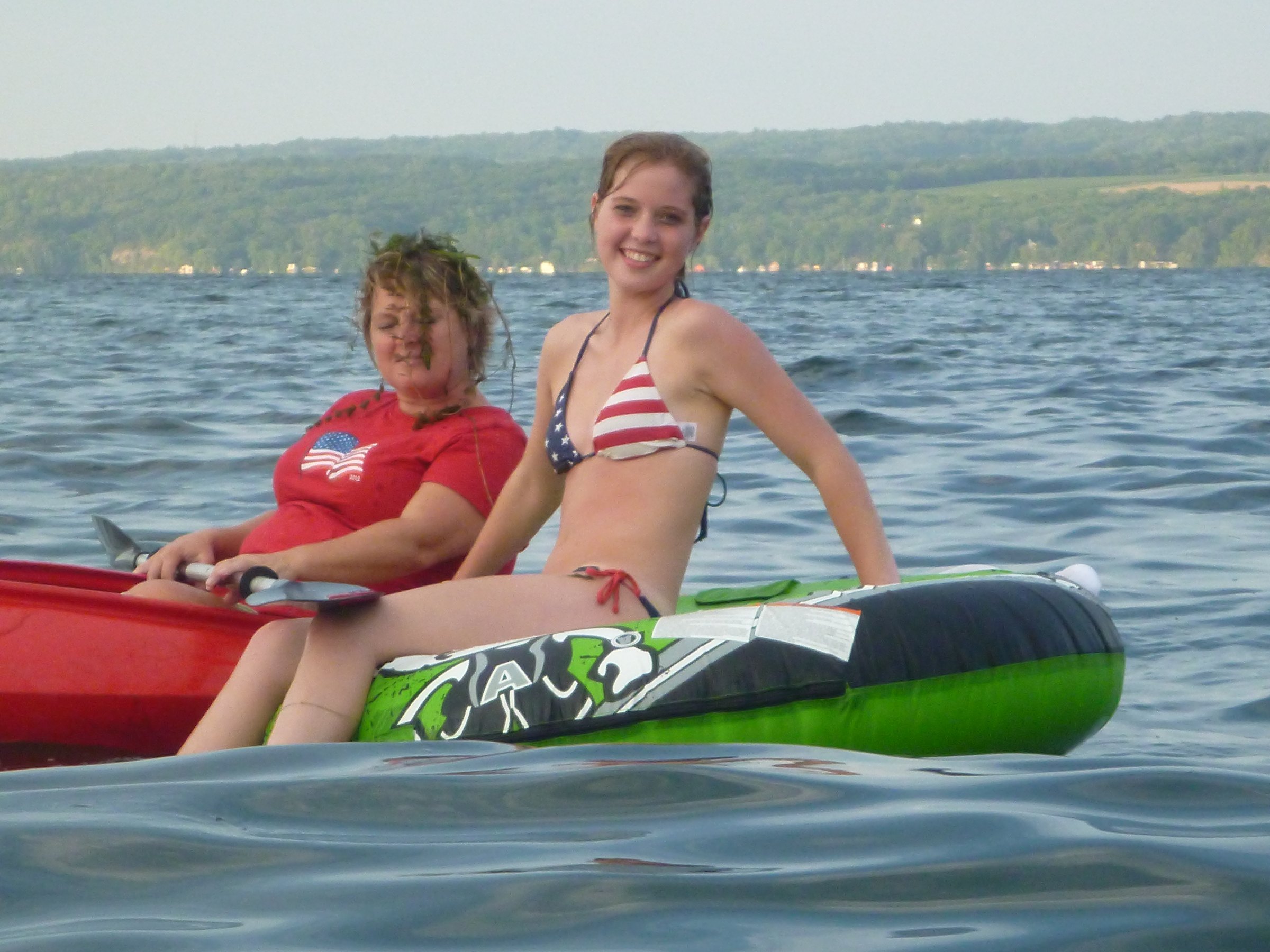 Kayaking and rafting together in front of the motel.